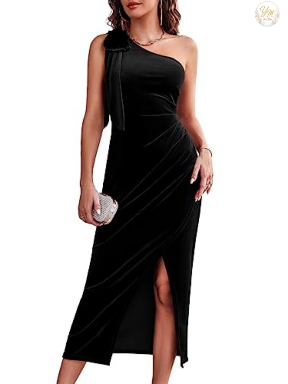 Velvet Midi Dress One Shoulder Faux Wrap Bodycon Party Dress